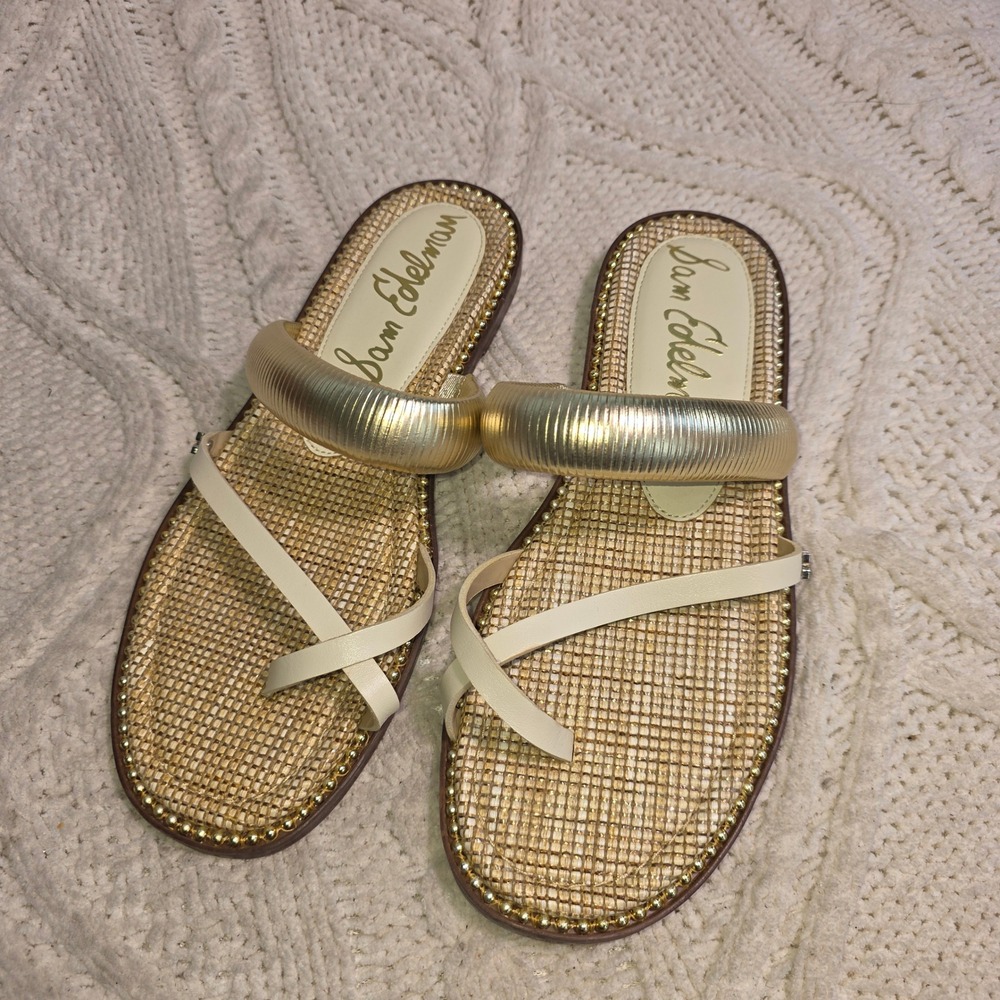 Sam Edelman Tillie Sandals Leather Gold Metallic Raffia Strappy Womens 8.5 - Picture 1 of 4